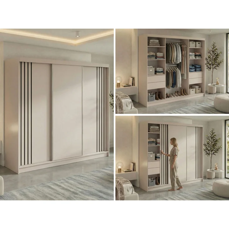 Schwebetürenschrank NAURU mit Lamellen-Optik, moderner Kleiderschrank, Breite 240 cm, inkl. Innenausstattung & Stauraum, Akustikpaneel-Design - Kaschmir und Schwarz - mit Schubladen – Bild 2