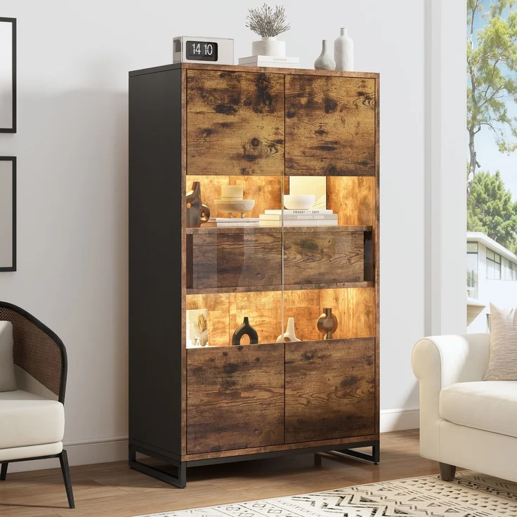 ZUBALIYA Vitrine (80 x 40 x 138 cm), 2 Türen und 2 Schubladen, LED - Beleuchtung, Transparente Elemente, Beige / Naturfarben / Schwarz – Bild 2