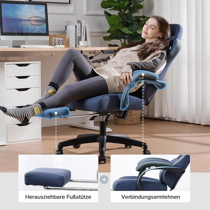 GTPLAYER Gaming Stuhl Ergonomischer Gaming Sessel Schreibtischstuhl mit Stoffoberfläche, Federsitzkissen, Verbindungsarmlehnen und Fußstütze blau – Bild 6