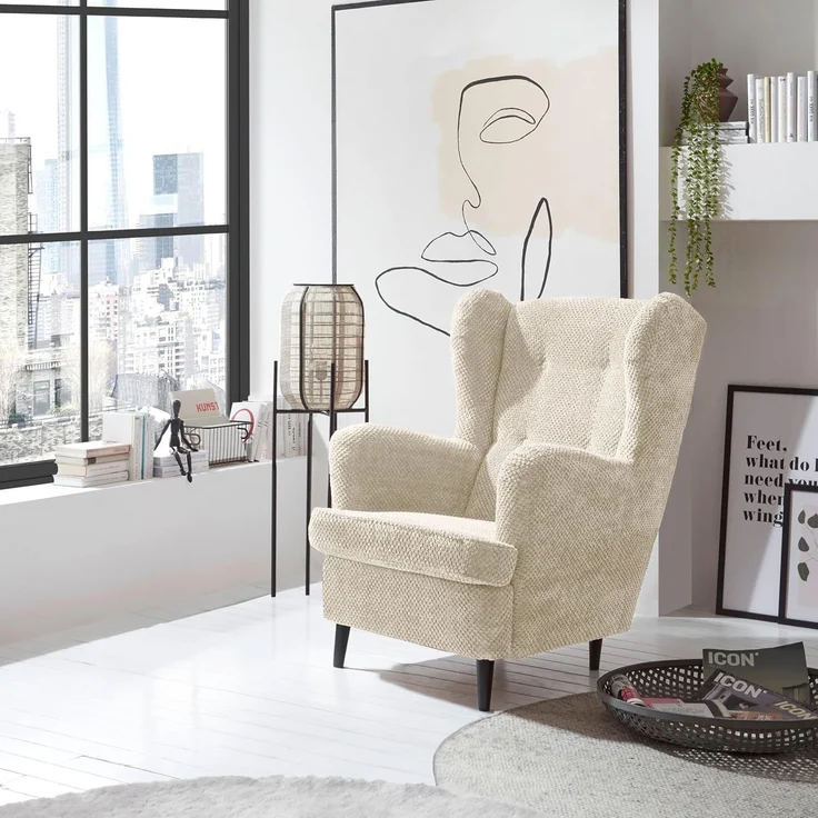OSKAR Ohrensessel mit geknöpfter Polsterung, Ivory - Vintage Wohnzimmer Sessel mit Massivholz Füßen - 78 x 102 x 98 cm (B/H/T) – Bild 2