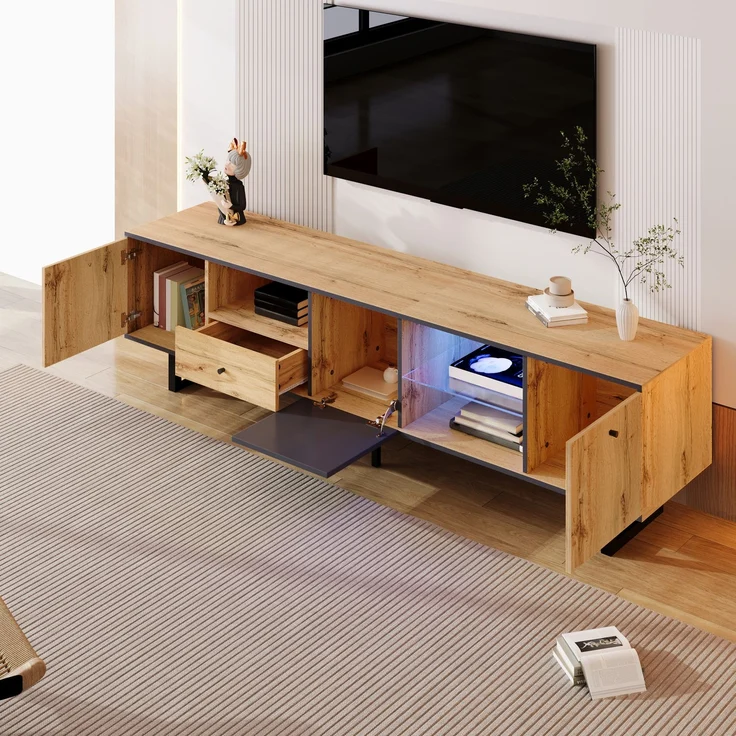 TV-Schrank Holz Grau Anthrazit 190 x 40 x 50 cm, LED-Beleuchtung & Glasböden,mit 3 Türen, 3 offenen Fächern – Bild 3