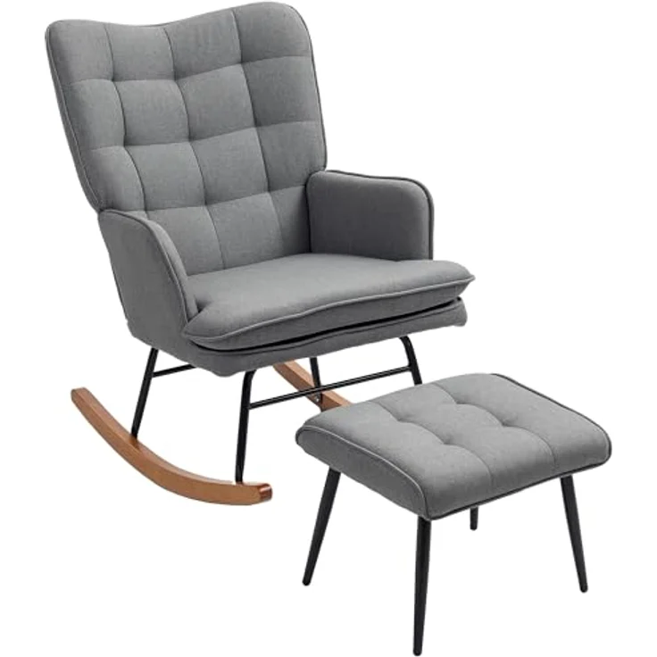 HOMCOM Schaukelsessel mit Hocker, Relaxsessel mit Leinenoptik (Armlehnsessel, 2-St, Schwingsessel), für Wohnzimmer, Schlafzimmer, Schwarz+Dunkelgrau – Bild 2