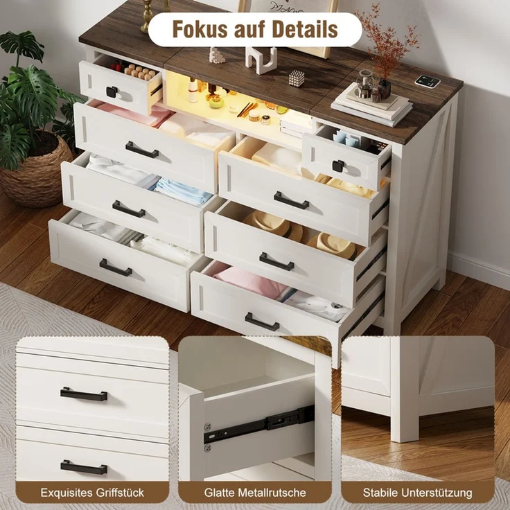 Schubkastenkommode 8 Schubladen mit LED-Spiegel, Ladestation und umkehrbarem Spiegel, Weiß & Braun – Bild 8