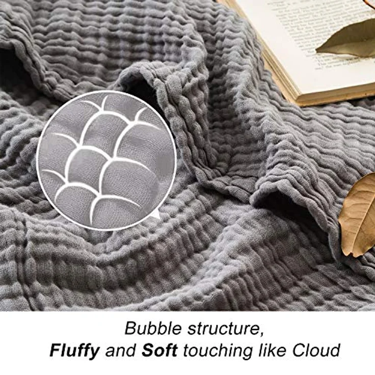 EMME Baumwolle Decke, Vorge-waschene Kuscheldecke, Weiche und Atmungsaktive Tagesdecke, Universale Sofadecke Leichte Bequeme Baumwoll Musselin Decke für Ganze Saison (Grau, 127x177 cm) – Bild 8