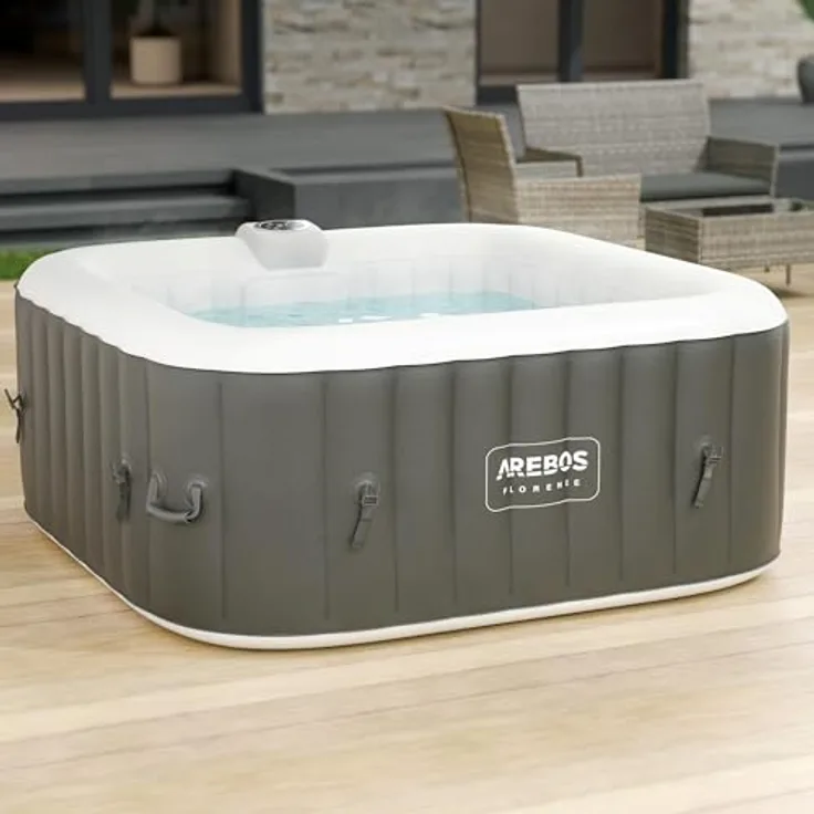 Arebos Aufblasbarer Spa Pool 4 Personen, 154x154cm, 100 Massagedüsen, regulierbare Wärme bis 40°C, 600 Liter, für drinnen und draußen