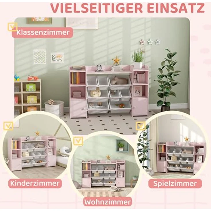 AIYAPLAY Kinderregal mit 8 herausnehmbaren Boxen, 4 offenen Fächern, 2 Schränkfach, Kinderregal 1-tlg, für Kinderzimmer, Spielzimmer, Wohnzimmer, 140 x 30 x 90 cm, Rosa – Bild 6