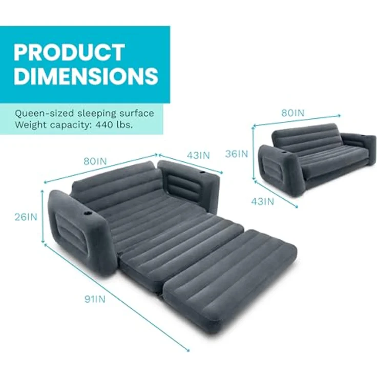 Intex Aufblasbares Sofa, ausziehbar, 203,2 x 231,1 x 66 cm, Queensize-Bett, Grau – Bild 4