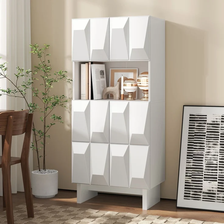 Vitrine Display Schrank Hochschrank Spanplatte Relief 4 Türen offenes Fach verstellbarer Boden Wohnzimmer Arbeitszimmer--Weiß--60.5x34x135.5cm--YOUDENOVA – Bild 5
