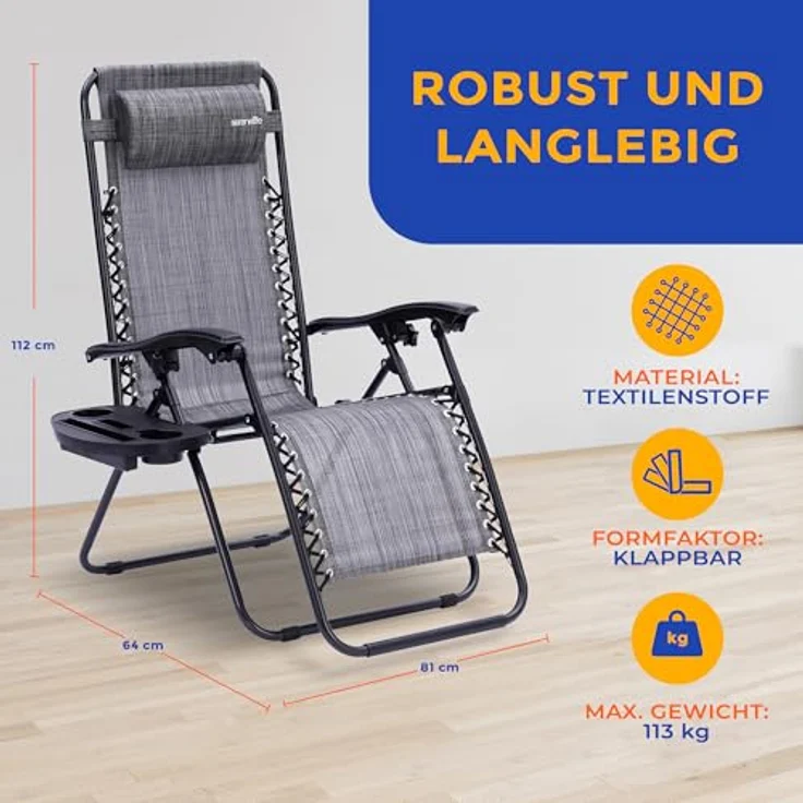 SereneLife Sonnenliege Klappbar 2er Set, Zero Gravity Liegestuhl Garten, bis 120 kg Grau, Verstellbar und Wetterfest, mit Tisch Getränkehalter und Kopfkissen, für Balkon Terrasse Camping Strand Relax – Bild 3