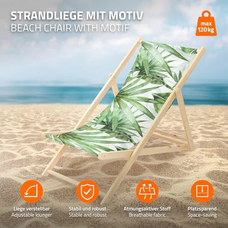 ECD Germany Gartenliege Holz Liegestuhl, 2er Set klappbare Strandliege mit 3-fach verstellbarer Rückenlehne, Grün-Weiß mit Palme – Bild 4