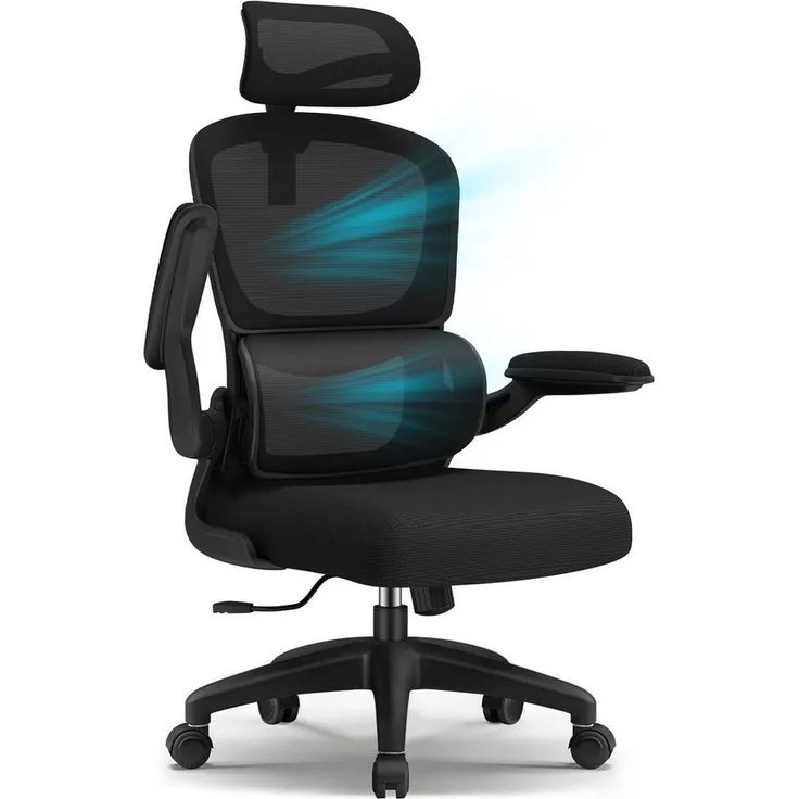 Homimaster Bürostuhl Bürostuhl, Schreibtischstuhl Ergonomisch mit Klappbaren Armlehnen (Bürostuhl mit Verstellbarer Kopfstütze, 90° Klappbare Armlehnen und Lendenwirbelstütze, Höhenverstellbarer Chefsessel aus Mesh), Bürostuhl mit maximaler Neigung von...