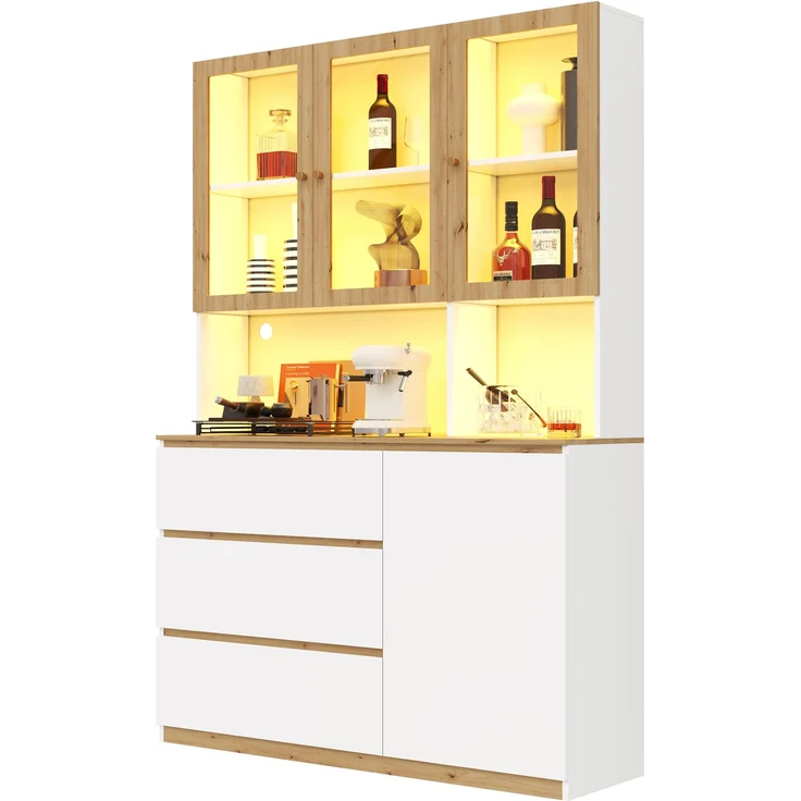 Vitrine/Hochschrank mit LED-Beleuchtung – 120 × 200 cm, mit verlängerter Arbeitsplatte, multifunktionales Standmöbel, weiß und Eiche – Glasvitrine, Küchenhochschrank und Bücherregal--Eiche, Weiß--134.19x49.71x12.8cm--YOUDENOVA – Bild 7