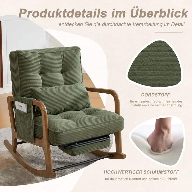 LVHOM Schaukelstuhl mit ausziehbarer Fußstütze, Relaxsessel mit verstellbare Rückenlehne, Loungesessel mit Seitentasche, bis 150 kg belastbar, Grün – Bild 7
