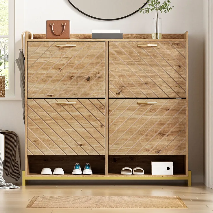 Schuhschrank, MDF in Holzoptik mit Metallfüßen, 108,5x24x100 cm, Holzfarbe