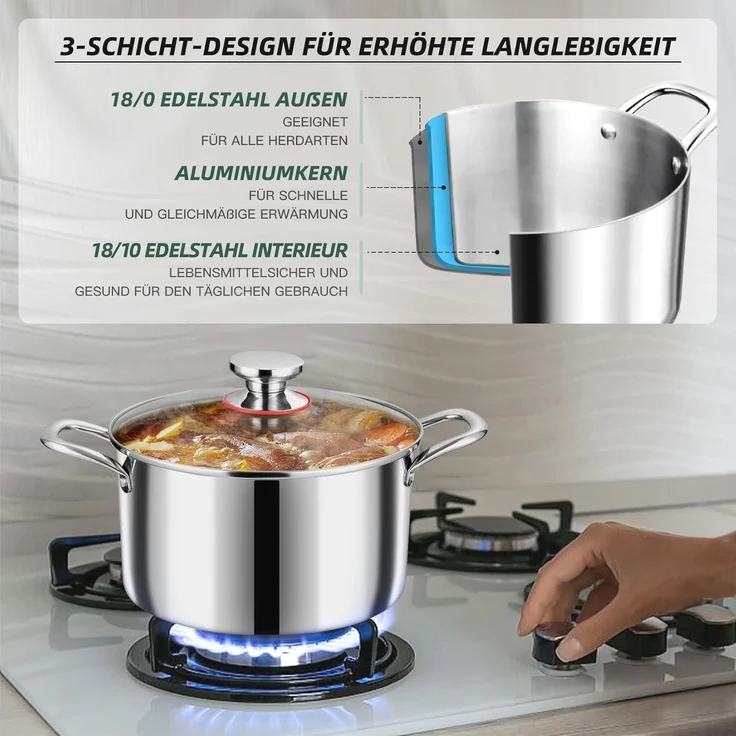 Onader 3-Lagen Edelstahl Kochtopf Induktion 3,3L Glasdeckel Suppentopf 20cm – Bild 3