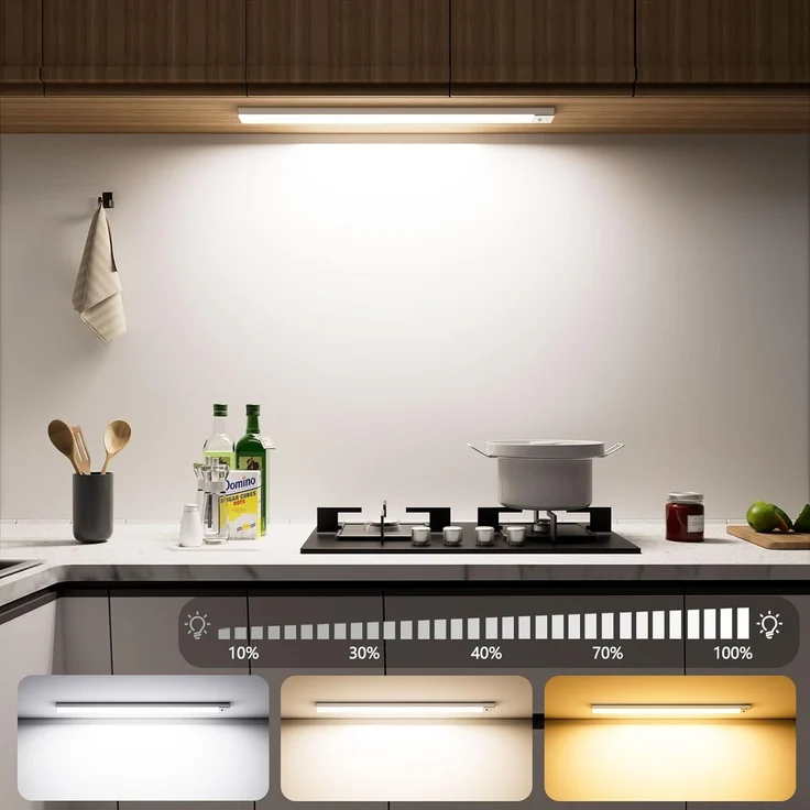 Schrankbeleuchtung 3000K 4000K 6500K, 43.5CM/108LEDs Bewegungsmelder Led Leiste 2500mAh Batterie, Unterbauleuchte Küche LED Farbmodi Dimmbar USB-C Wiederaufladbar, Led Lampe für kleiderschrank, Küche – Bild 1