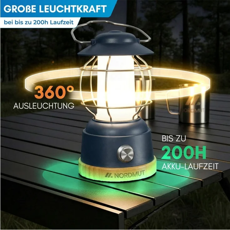 Nordmut Außen-Tischleuchte Campinglampe LED Akku aufladbar, 5200 mAh Powerbank, dimmbar, USB, LED fest integriert, Warmweiß, Tageslichtweiß, 200h Leuchtdauer, IPX4 wetterfest, Zeltlampe, Outdoor, Camping Licht – Bild 3