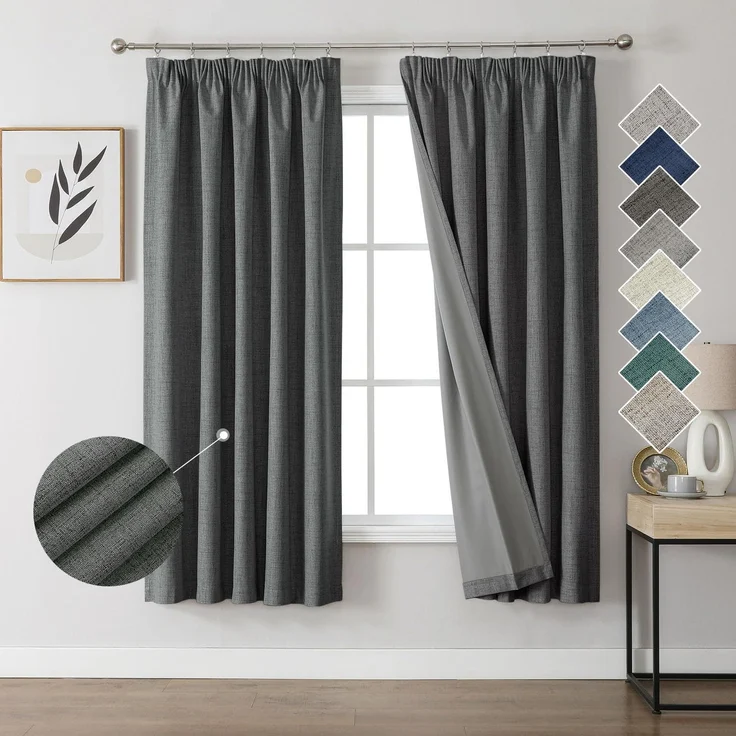 Joydeco 100% Verdunkelungsvorhänge Leinen Gardinen mit Kräuselband 2er Set H183xB132cm Grau, Thermovorhang Kälteschutz Blickdicht Schallschutz Ideal für Wohnzimmer passt zu Schienensystemen