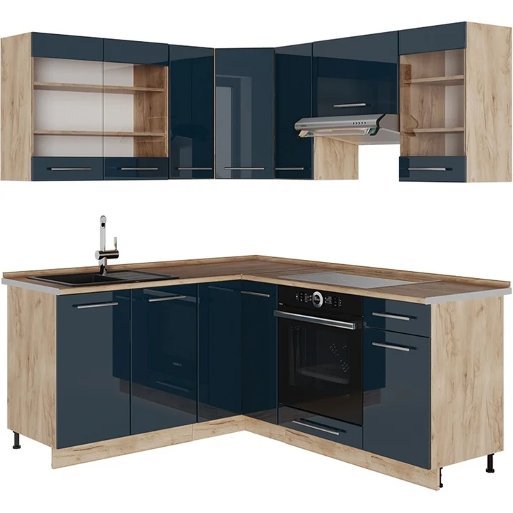 Küchenzeile Fame-Line Dunkelblau Hochglanz/Goldkraft Eiche 190 x 160 cm, AP Eiche Vicco – Bild 1