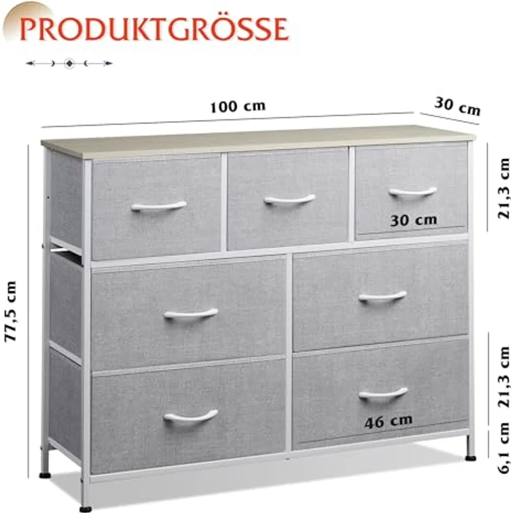 WLIVE Kommode mit 7 Schubladen aus Stoff, Kommodenschrank für Schlafzimmer, Kommode Wohnzimmer, mit Stabiler Stahlrahmen, Holzplatte, Hellgrau – Bild 4