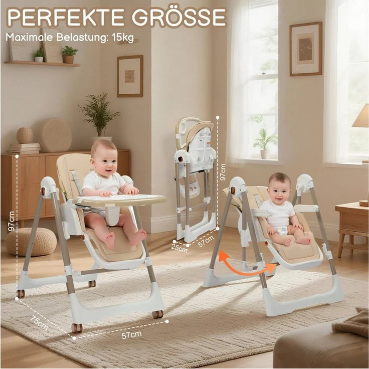 LALAHO Kinderstuhl Kinderklappstuhl Stuhl Baby Klappbar mit Esstablett, Babyliege Höhenverstellbar, Räder Klappbar – Bild 3