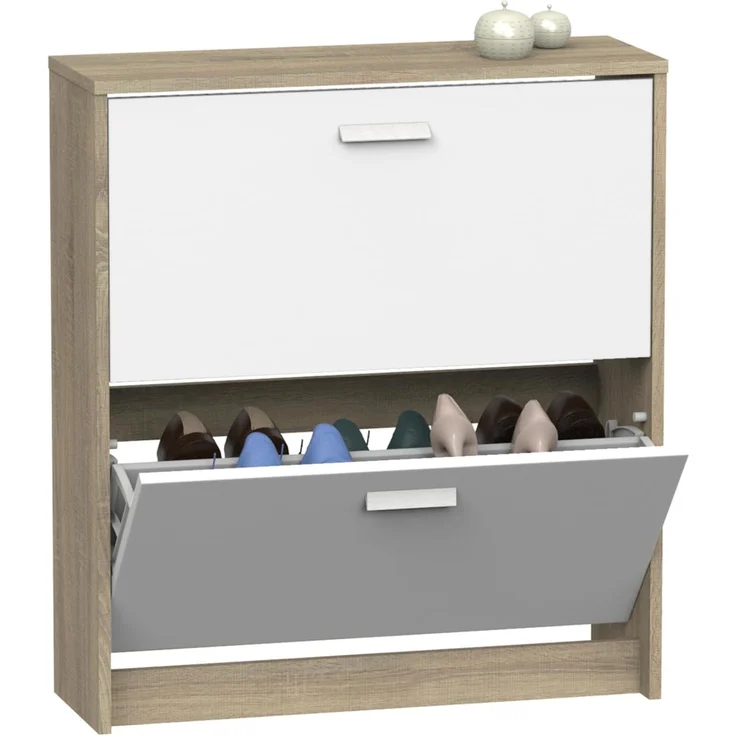Muebles Pitarch | Schmaler Eingangsschuhkipper mit 2 Türen, Weiß und Eiche Cambrian, 12 Paar Schuhe, 82 x 74 x 25 cm, Tibet Kollektion – Bild 1