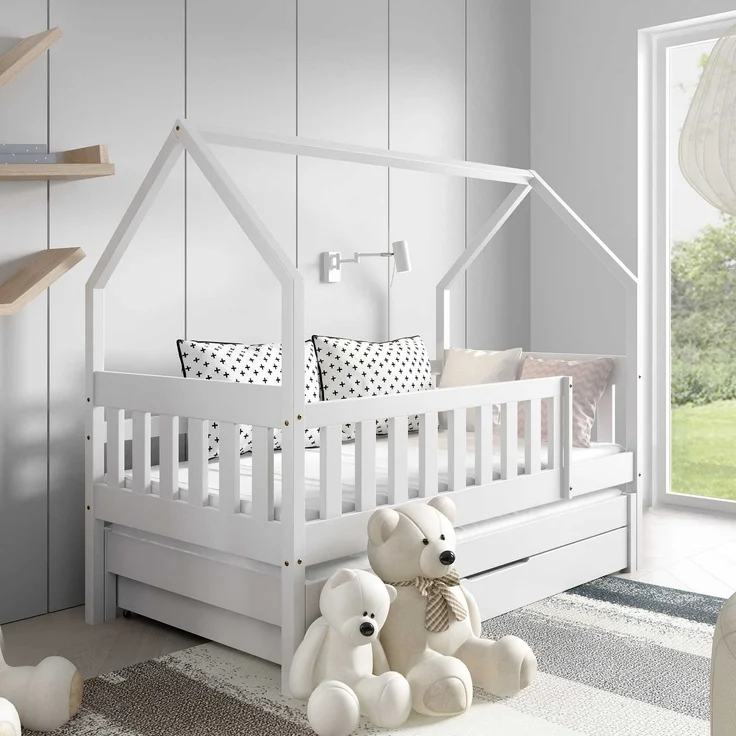 Kinderbett mit Matratze und Schublade 160 x 80 cm Kinderbett mit Unterbett Doppelbett Weiß NINA – Bild 1