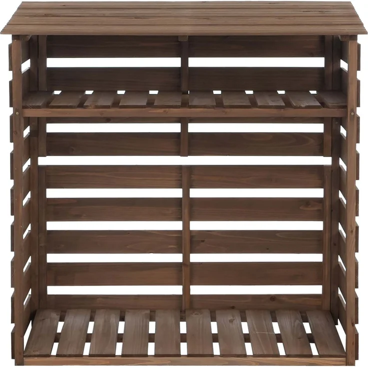 Brennholzlager HWC-Q16, Kamin-/Feuerholzregal Holzlager Holzunterstand, Ablage Holz Tanne FSC® 121x122x61cm ~ dunkelbraun – Bild 8