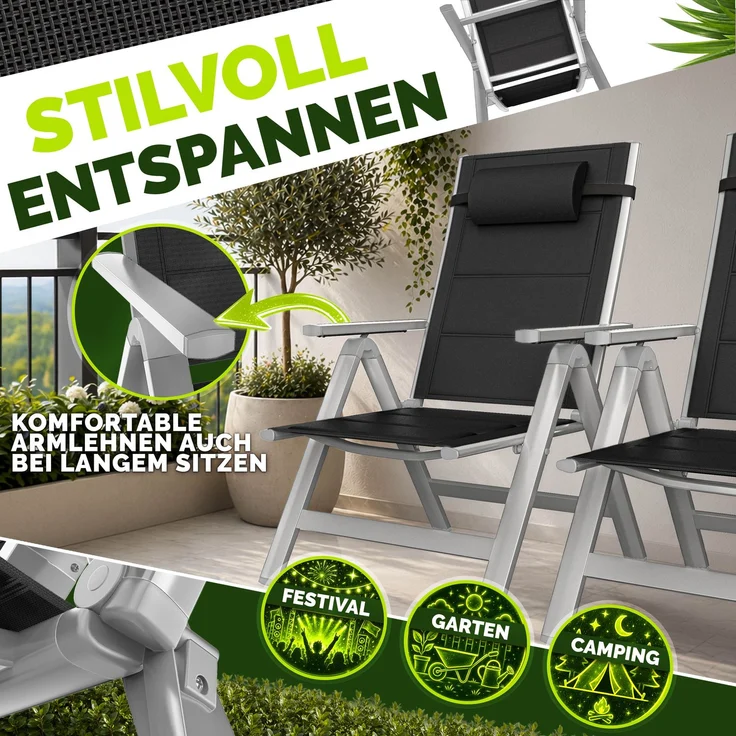 tillvex Gartenstuhl mit Polster Premium 6 Stück Silber klappbar aus Aluminium | Hochlehner mit Armlehnen | Klappstuhl verstellbar | Klappsessel Balkon Garten Terrasse – Bild 4