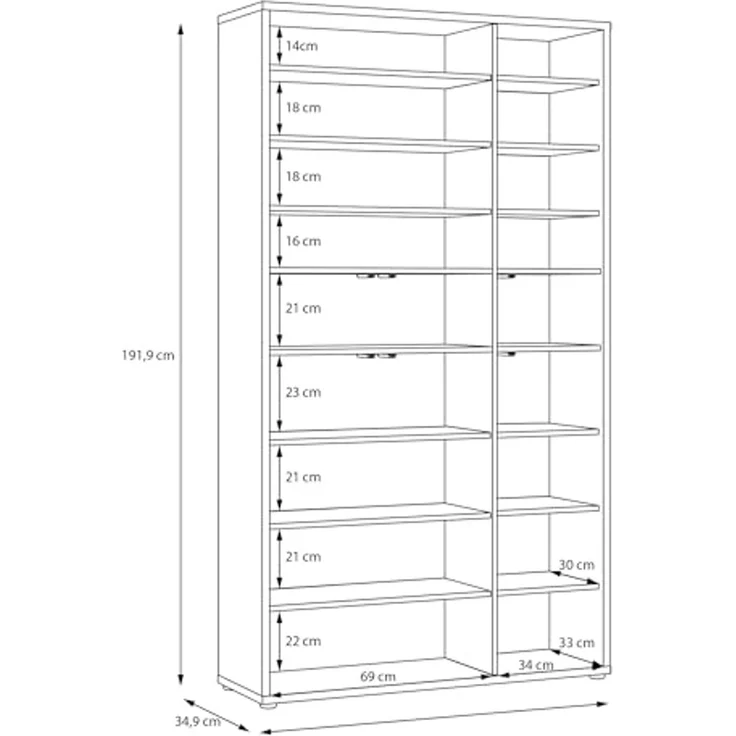 FORTE Schuhschrank Alice Springs, Schuhschrank, B/H/T 109,2/191,9/34,9 cm, 36 Paar Schuhe (B/H/T 109,2/191,9/34,9 cm) Stauraumschrank, Mehrzweckschrank, (B/H 109cm x 192cm), mit 16 Böden – Bild 7