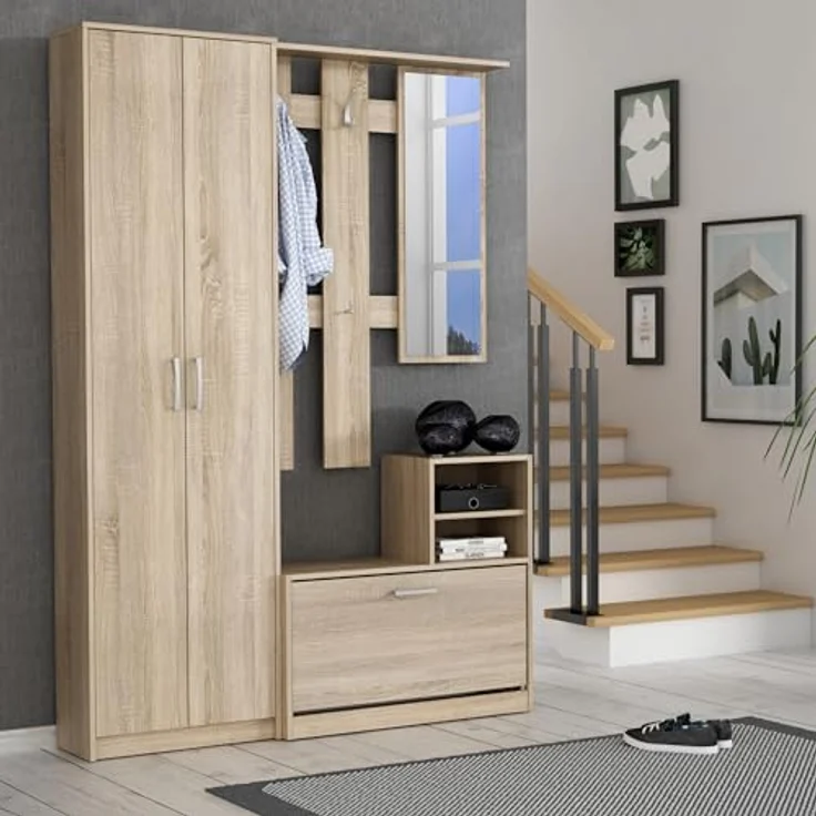 Forte NIKO Garderobenschrank 130 140, Skandi-Mehrzweckschrank, 2-türig, 1 Schublade, Spiegel, Haken, Flur, Sonoma Eiche Holzdekor, 135 cm breit x 190,8 cm hoch x 28 cm tief – Bild 2