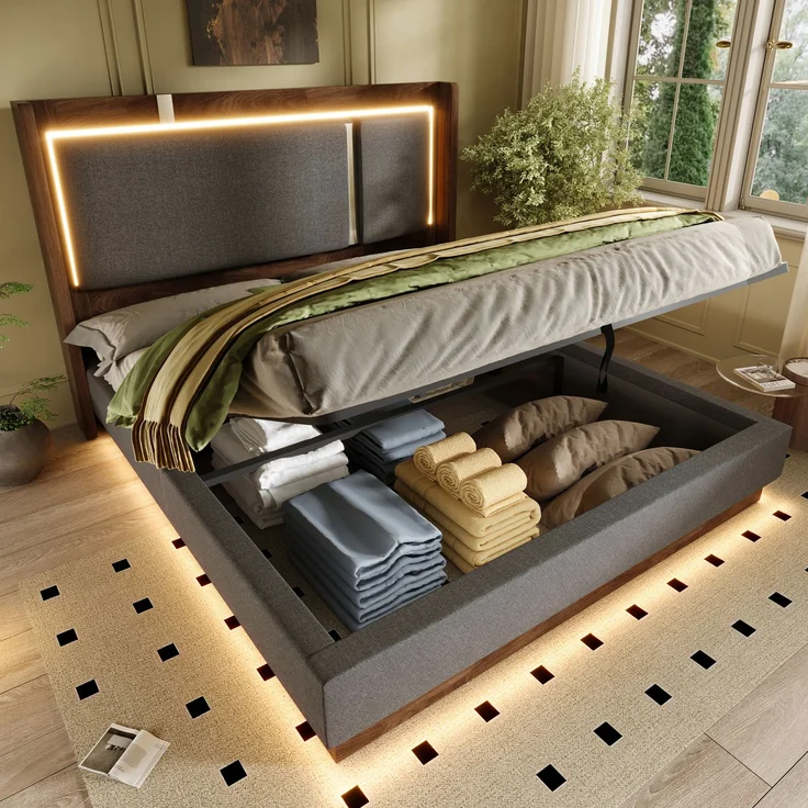 LVHOM Doppelbett 180 x 200cm, Polsterbett mit hydraulischem Stauraum, Boxspringbett mit LED und hohem Kopfteil, Linen, Beige – Bild 9