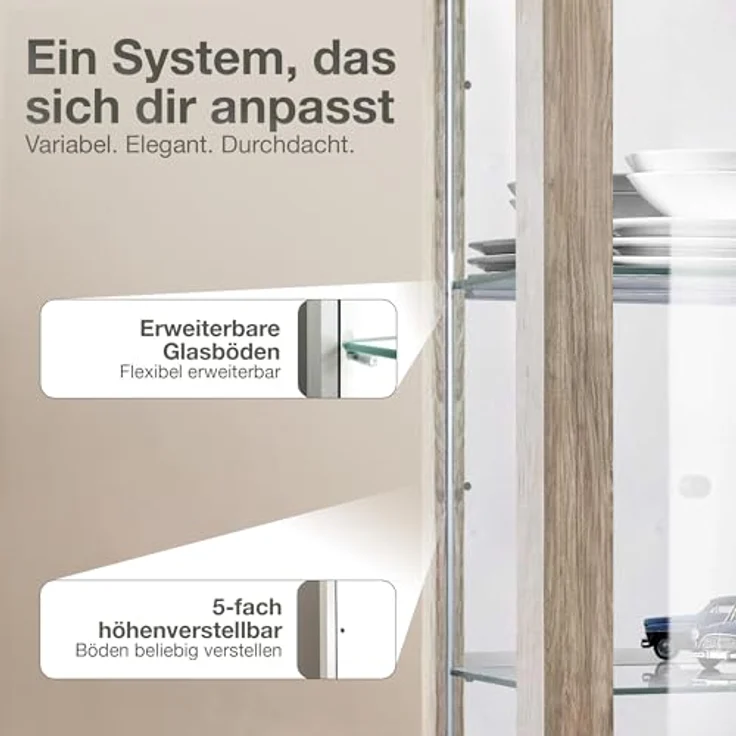 K-Möbel Hängevitrine, Sonoma Eiche Grau, Glas, 4 Fächer, Rechteckig, 60x80x25 cm, für Wohnzimmer und Wohnwände – Bild 5