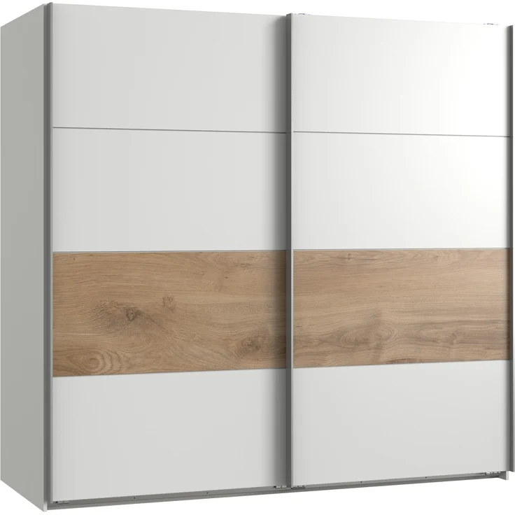 Schwebetürenschrank >Bert< 2 Böden, 2 Stangen, Weiß / Plankeneiche Dekor - 225x208x65cm (BxHxT) – Bild 1
