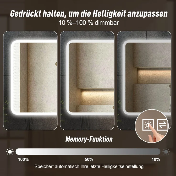 60×100cm LED Badezimmerspiegel mit Milchglasrand, Frontbeleuchtung, Anti-Beschlag, 3 Lichtfarben, Stufenlos Dimmbar, Memory-Funktion, Horizontal & Vertikal Montierbar, IP44 Wasserdicht--Silber--100x60x2.9cm--YOUDENOVA – Bild 6
