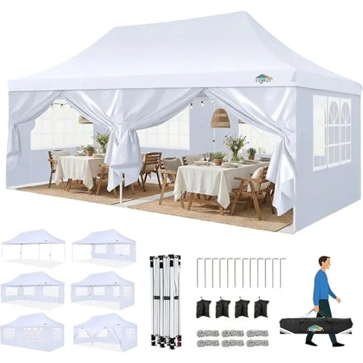 COBIZI Faltpavillon 3X6, Pavillon 3x6 m Wasserdicht Stabil Winterfest, Faltbar Partyzelt mit 6 Seitenwänden & 4 Sandsack Pop up Gartenpavillon Anti-UV für Hochzeiten, Freien, Weiß – Bild 1