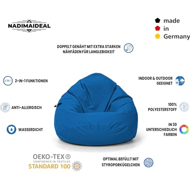 Nadimaideal Sitzsack Tropfenform Kastanie | Bodenkissen für Kinder & Erwachsene | Indoor & Outdoor | Gaming Sitzsack - Sitzkissen - Beanbag | Füllung EPS Perlen (Königsblau, XXL-Durchmesser 88 cm) – Bild 4