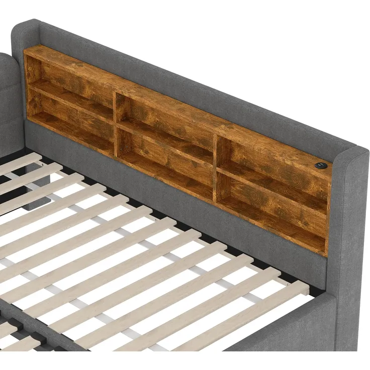 Stauraumbett mit Lattenrost, Regal, USB und Type-C Anschluss, 90x200cm/180x200cm, Liegefläche erweiterbar, Einzelbett, Polsterbett, Leinen – Bild 10