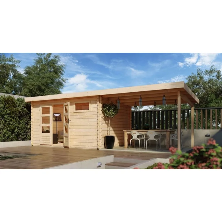 Gartenhaus Bastrup 8 - 670x297 cm mit Anbaudach 3,00 m, 28 mm Holz naturbelassen, Karibu