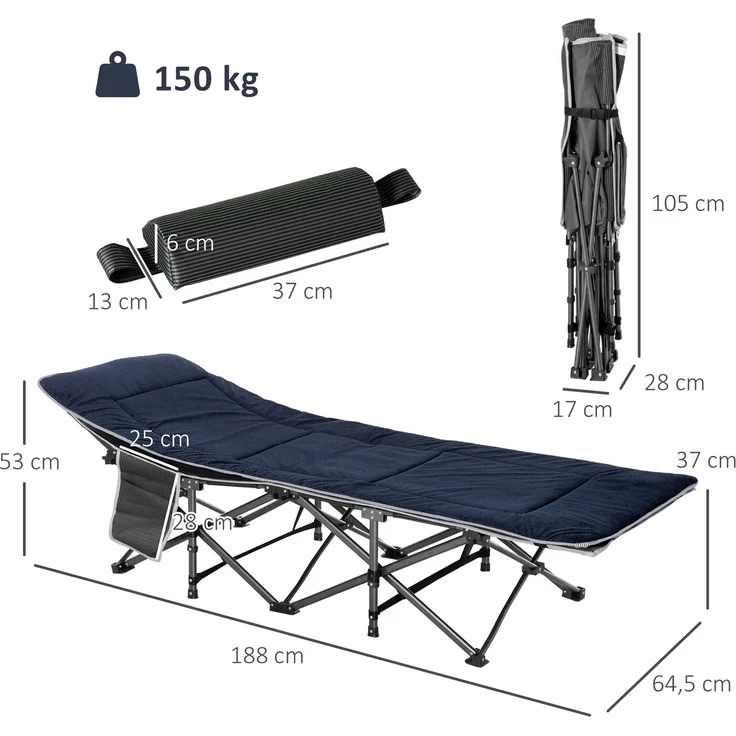Campingbett, klappbares Feldbett mit Kopfkissen, 188 x 64,5 x 53 cm, Dunkelblau+Grau--Dunkelblau+Grau--53x64.5x188cm--YOUDENOVA – Bild 5