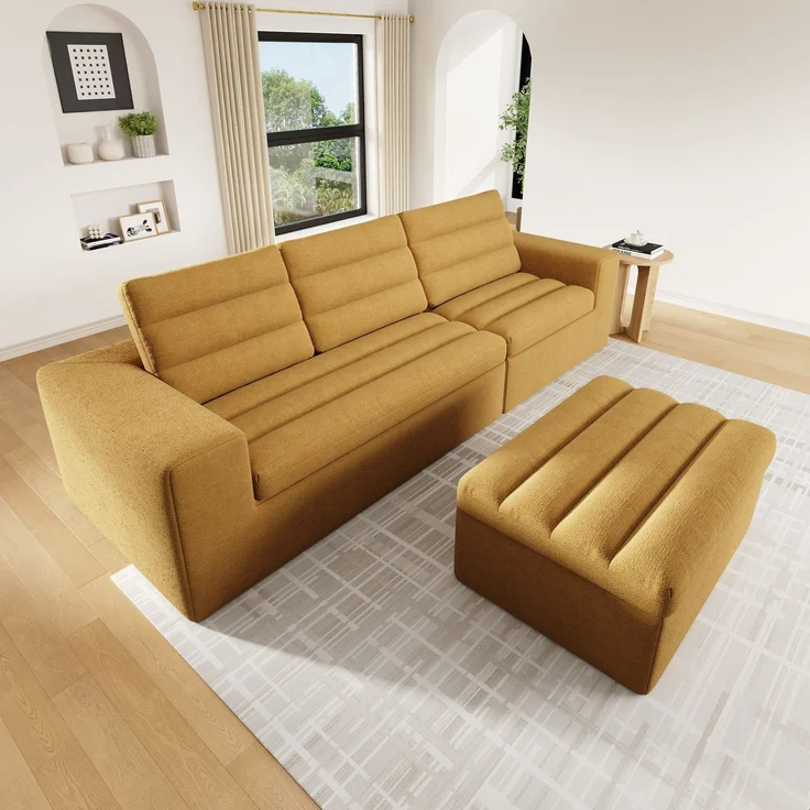 Ecksofa 253 x 161 x 89 cm in Orange, modulares Chenille-Sofa mit Hocker, rahmenlos und weich gepolstert – Bild 4