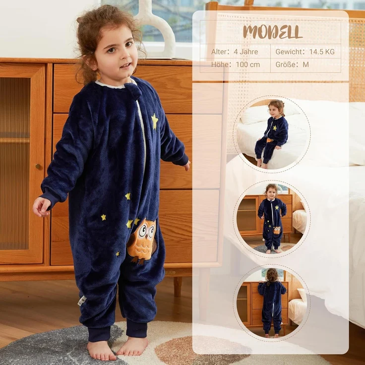 XQ&XG Baby Schlafsack mit Füßen 2.0 Tog,Kinderschlafsack mit langen Ärmeln,Schlafsack Kinder mit Beinen für mädchen und Junge,Eule,130 – Bild 7