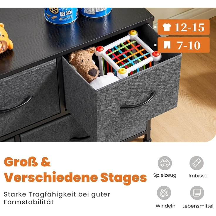 Sweetcrispy Kommode,TV Schrank Stand für Schlafzimmer mit 5 Stoffschubladen,Sideboard Wohnzimmer für 115cm TV,Einstellbare Füße Schubladenschrank,Komodenschrank für Schlafzimmer,Modernes Grau – Bild 4