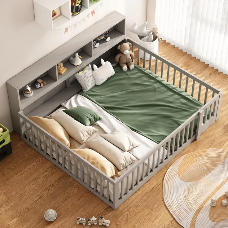 Kinderbett mit Lattenrost und Zaun, 140x200 cm, Rausfallschutz, Stauraum, Regal, Kiefer, grau – Bild 1
