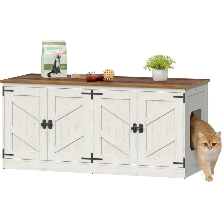 Katzenschrank für 2 Katzen, Bauernhausstil, für den Innenbereich, Holz/Stahl Vintagebraun-Weiß, 120 x 50 x 54 cm – Bild 1