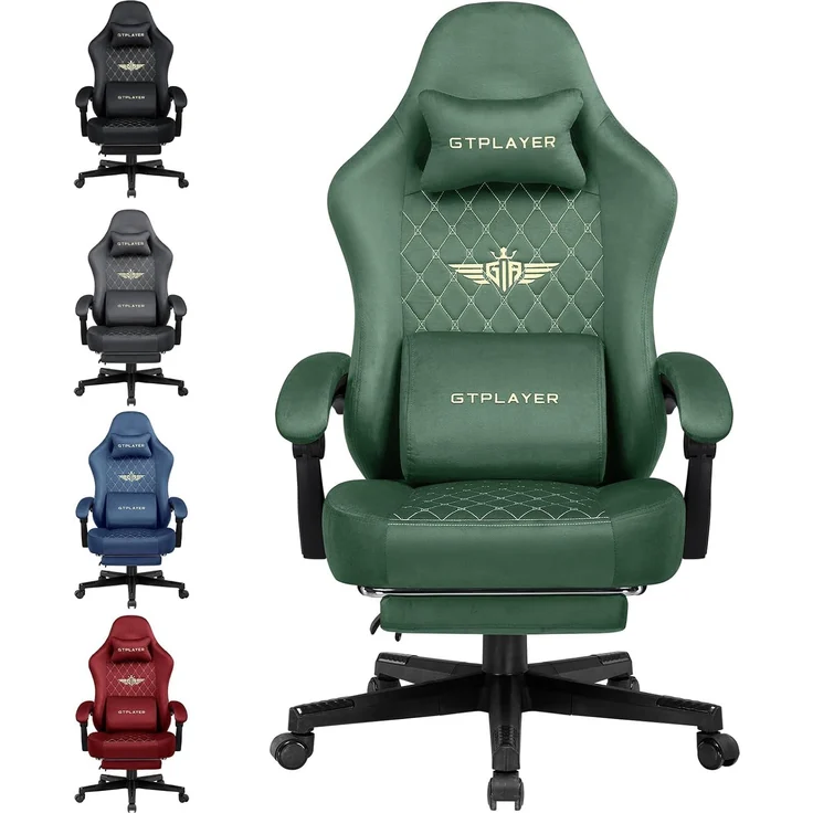 GTPLAYER Gaming Stuhl Stoff Gaming Chair Ergonomisch Bürostuh PC Stuhl, 150kg Belastbarkeit, Verstellbarer und Drehbarer Schreibtischstuh mit Federsitzkissen und Fußstütze, grün – Bild 1