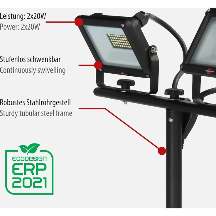 brennenstuhl Stativ LED Strahler JARO 6060 T, 4800lm, 2x 20W, 3m H07RN-F 3G1,0, IP65 – Bild 4