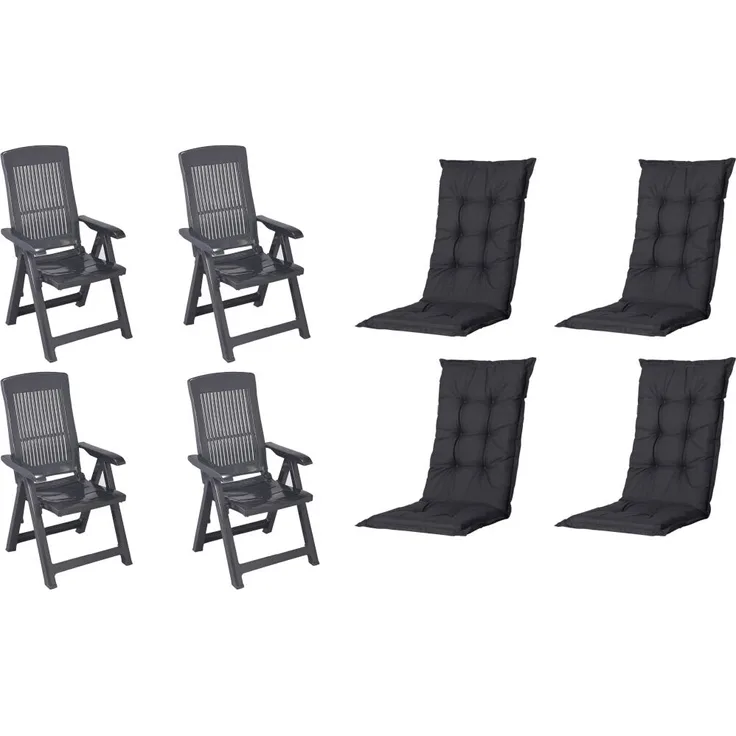 SET Tampa 4 x Klappsessel anthrazit, 4 x Auflage blau