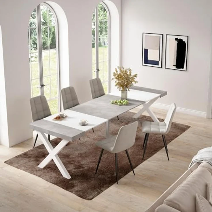 Skraut Home | Ausziehbarertisch | Multifunktionaler ausziehbarer | 300 | Für 14 Gäste | Massivholz Beine | Moderner Stil | Mattweiß und Zement – Bild 2