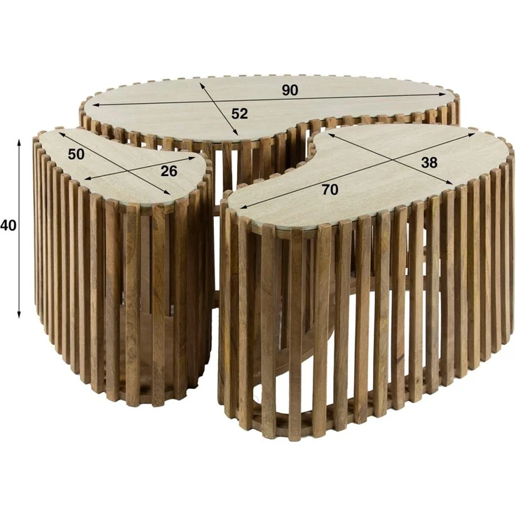Couchtisch 3er-Set Tratin aus massivem Mangoholz, skandinavisches Design, nierenförmig, natur-beige – Bild 4